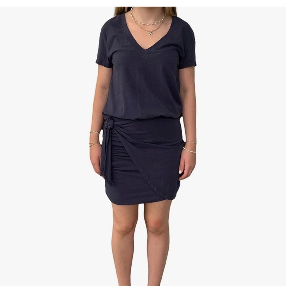SUNDRY Womens Ruched V Neck Dress with Knot Sz 2 or M Casual Cotton Easy Fall
